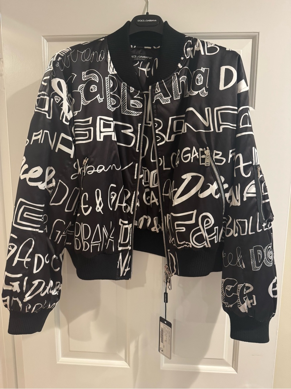 Dolce & Gabbana Black and White Logo Script Bomber Jacket